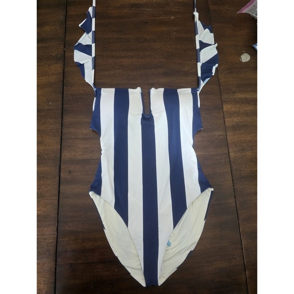NWTD Wet LA XL Blue White Stripe Ruffle V Neck 1PC Swimsuit 130646